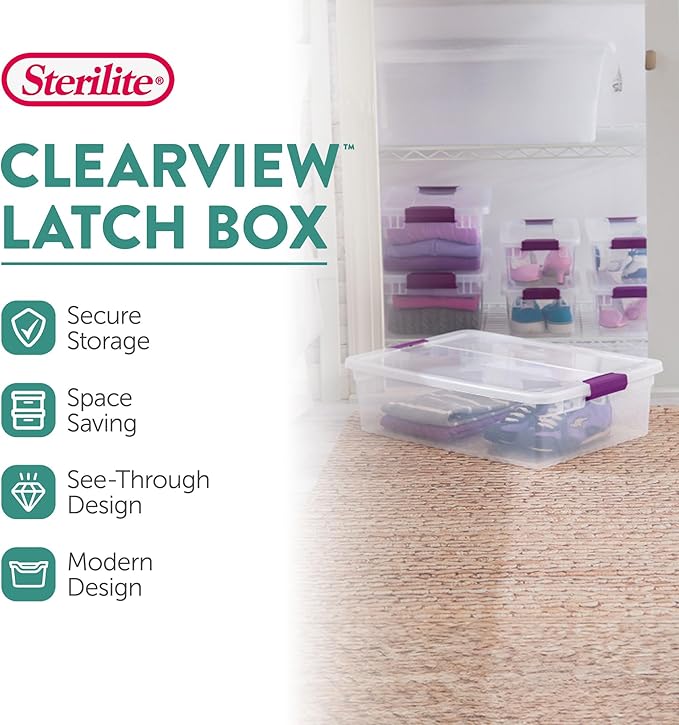 Sterilite 12-Pack 32 Quart ClearView Latch Box, Stackable Organizer Bins with Latching Lids - Clear Plastic Organization Containers for Closet, Bedroom, Shelving Units and Everyday Home Storage