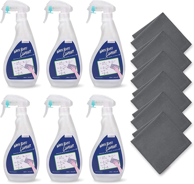 loukin Non-Toxic Whiteboard Cleaner, 17 fl oz Dry Erase Board Cleaner, Low-Odor Whiteboard Cleaning Spray with Cloths, Removes Stubborn Marks from Whiteboards, Chalkboard (6-Pack)