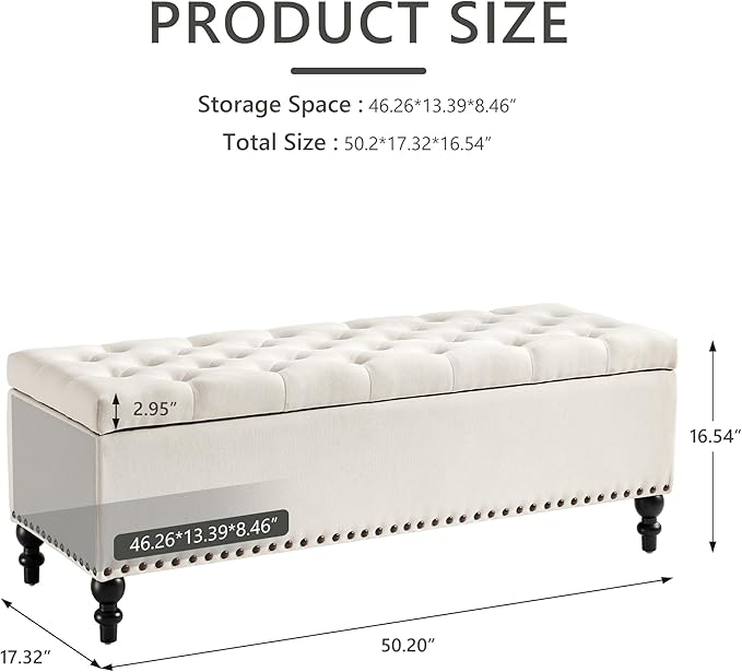 Storage Ottoman 50.2 Inches Upholstered Fabric Storage Ottoman Bench，Button Tufted Ottoman with Storage for Living Room，Bedroom End of Bed Bench Withstands 304lbs