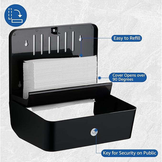 Paper Towel Dispenser Wall Mounted, Multifold Hand Towel Dispenser for Kitchen Bathroom Home Business, Trifold/C Fold/Z Fold Paper Towel Holder with Lock, Universal Paper, Black