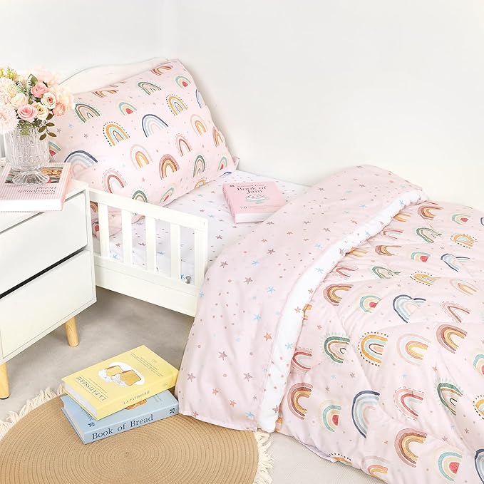 Toddler Bedding Set for Girls, 4 Piece Toddler Girl Bedding Set, Super Soft & Lightweight Pink Toddler Comforter Set Includes Comforter, Flat Sheet, Fitted Sheet, Pillowcase (Rainbow)