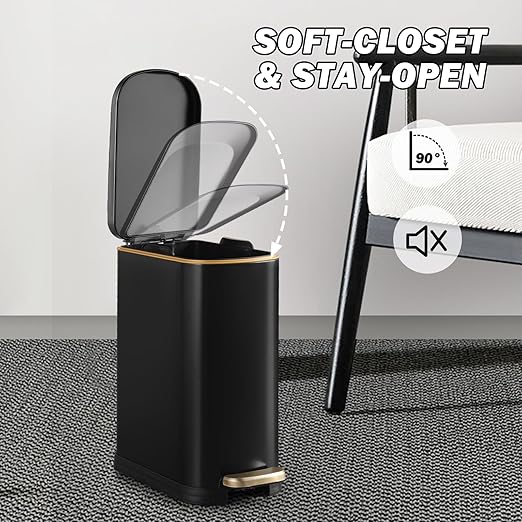 Bathroom Trash Can with Soft-Close Lid 3.5 Gallon Stainless Steel Garbage Can with Removable Inner Bucket Slim Trash Bins for Bedroom, Office (Matte Black)