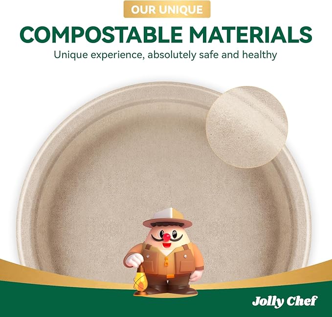 JOLLY CHEF Compostable Heavy Duty Plates 𝟭𝟬 𝗜𝗻𝗰𝗵 [𝟱𝟬𝟬 𝗣𝗮𝗰𝗸] Eco-Friendly Disposable Paper Plates Made of Bagasse Biodegradable Bulk for Party Dinner Sugarcane Thanksgiving Day (Natural)