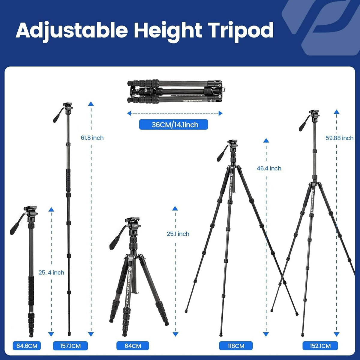 Fotopro 59" Carbon Fiber Travel Tripod, Compact Video Tripods with Fluid Head, Detachable Monopod with Quick Release Plate and Bag, Camera Tripod Load up to 8KG/17.63lbs