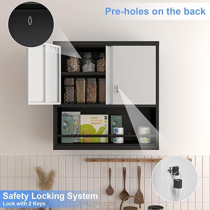 Metal Garage Cabinets, Lockable Storage Cabinet, Metal Cabinet with Open Storage, Upper Tool Cabinet for Basement, Wall Mounted Cabinets for Shop