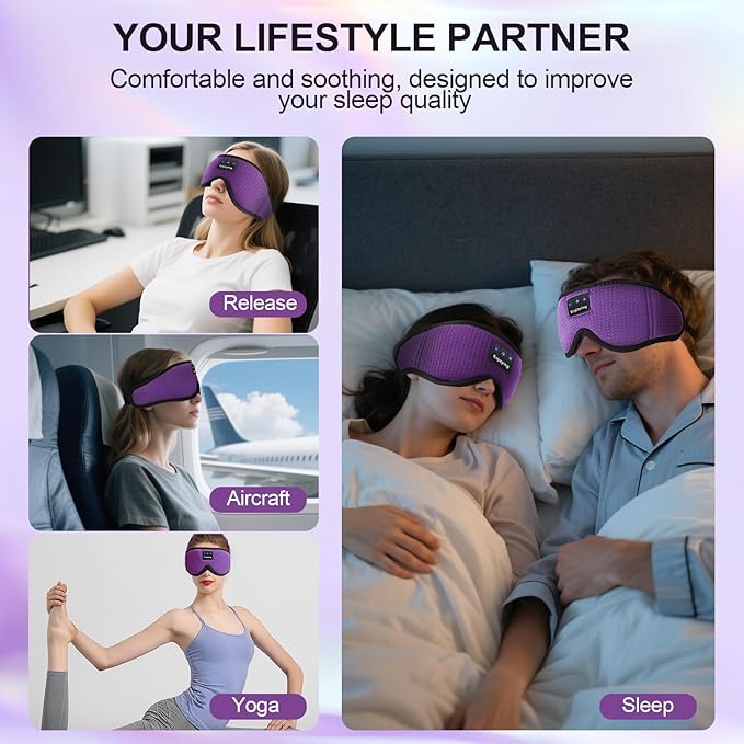 Sleep Headphones, Sleep Mask Bluetooth Wireless Music Eye Mask, Sleeping Mask for Side Sleepers Sleep Mask with 3D Bluetooth Headphones Ultra-Thin Stereo Speakers Perfect for Sleeping (Purple)