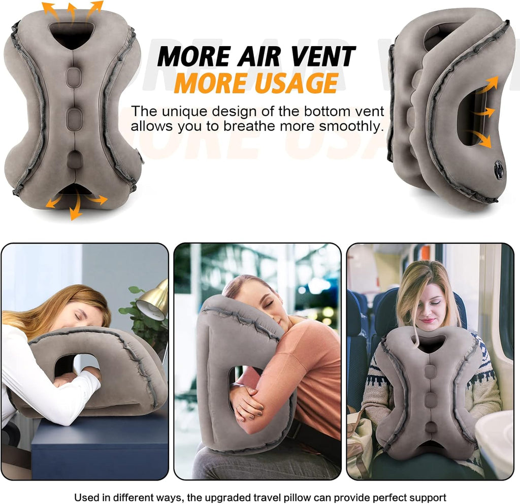 Inflatable Travel Pillow,Multifunction Travel Neck Pillow for Airplane to Avoid Neck and Shoulder Pain,Support Head,Neck,Used for Sleeping Rest, Airplane and Home Use,with Eye Mask, Earplugs,Gray