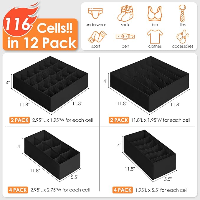 12 Pack Drawer Organizers, 116 Compartments Fabric Foldable Dresser Drawer Organizers for Clothing, Closet Organizers and Storage Bins for Clothes, Christmas Ornament Storage Boxes with Dividers