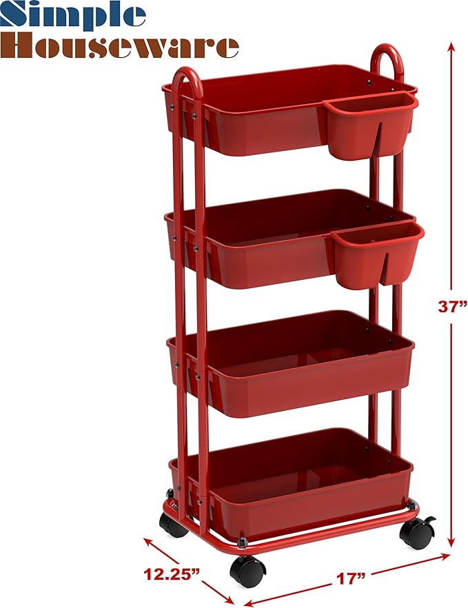 Simple Houseware 4-Tier Multifunctional Rolling Utility Cart with Hanging Buckets, Red