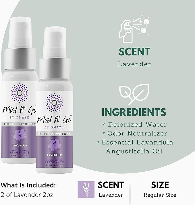 Mist N’ Go by Omaze Travel Bathroom Spray for Toilet Spray Odor Eliminator - Travel Toilet Spray for Bathroom Air Freshener Spray for Bathroom Deodorizer - Lavender Regular Size (2oz x2)