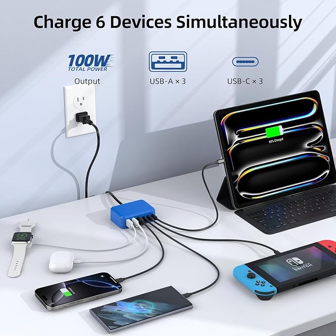 USB C Charger Block, 100W GaN 6 Port PD USB C QC USB A Wall Charger Adapter Plug Cube, Super Fast Type C Charging Station Hub for iPhone 16 15 14 13 12 Pro Max iPad Samsung Pixel 5ft Extension Cord