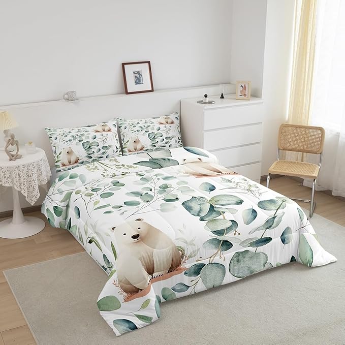 Erosebridal Boys Cartoon Animal Toddler Size Comforter Set for Kids Toddler Kawaii Polar Bear Bedding Set, Arctic Wildlife Down Comforter White Green Bed Set, Botanical Eucalyptus Quilted Duvet