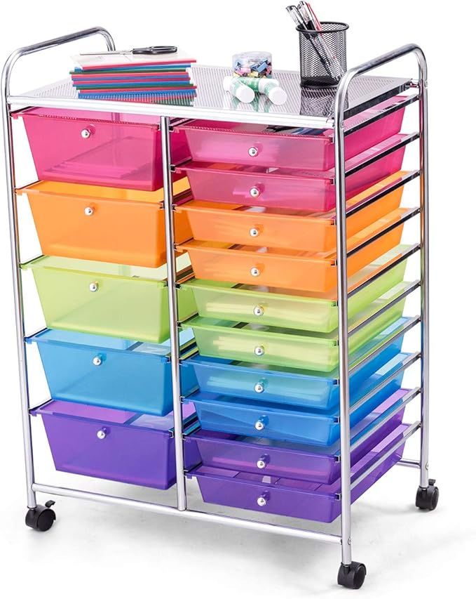 GOFLAME 15-Drawer Rolling Storage Cart, Multipurpose Movable Organizer Cart, Utility Cart for Home, Office, School, Rainbow