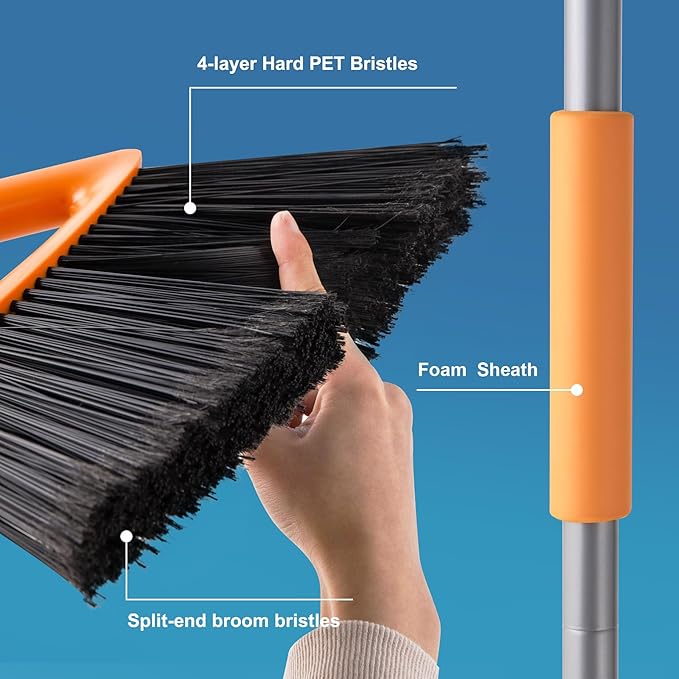 Outdoor Brooms for Sweeping Patio, Commercial Grade Heavy Duty Broom with Stiff Bristle for Sweeping Garage,Deck,Kitchen,Straw, Outside Broom for Cleaning Pet Hair,Weeds,Leaves,Grey