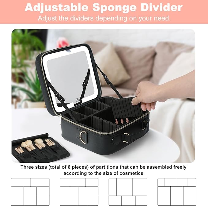 Mocado Travel Makeup Bag with LED Lighted Mirror,Travel Makeup Organizer,Makeup Case with 8 Makeup Brushes and 10x Magnifying Mirror,3 Colors Lighting, Adjustable Dividers Makeup Box(Black)