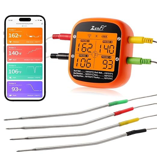 Wireless Digital Meat Thermometer,Instant Read Food Thermometer with LCD Display and 4 Stainless Probes,Advanced Electronic Thermometer Waterproof for BBQ Cooking Kitchen Outside Grill
