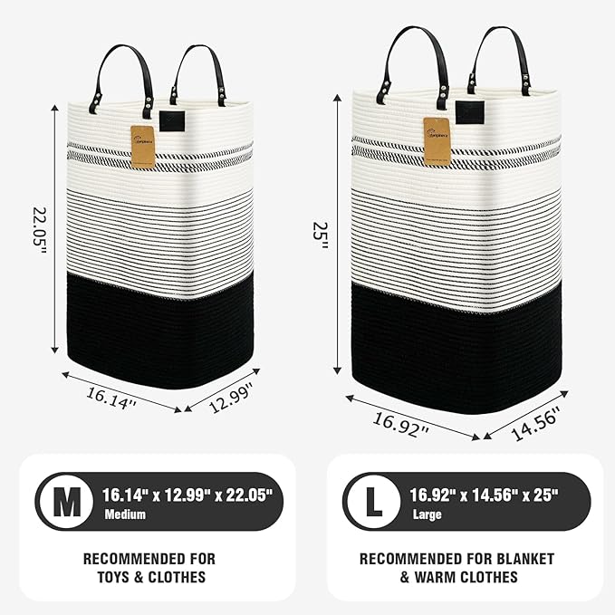 danpinera 75L Woven Laundry Hamper with Long Leather Handles, Baby Laundry Basket for Nursery, Tall Hampers for Bedroom Aesthetic, Decorative Clothes Storage Basket for Family White & Black