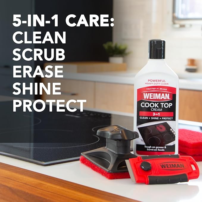Weiman Glass Cooktop Cleaner Kit - Remove Burned on Food, Grease & Grime and Polish Stovetop, Ceramic & Induction, Streak Free, Cleaning Supplies, 20 Oz, Scrubbing Pad, Razor Scraper