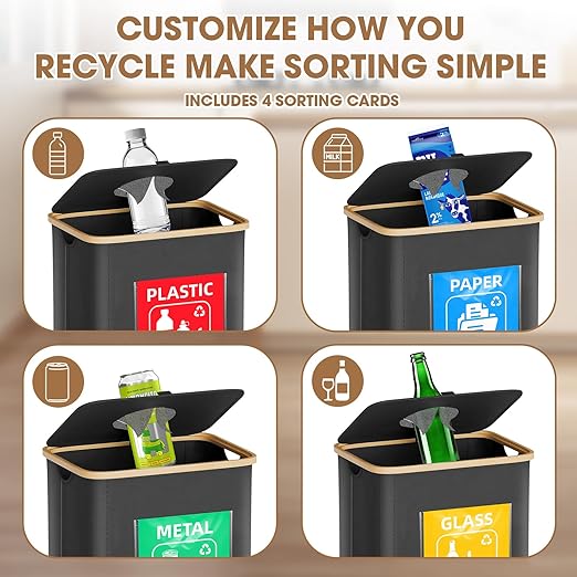 Recycling Bin for Kitchen 26 Gallon 100L, Indoor Recycle Bins with Lid, Hands-Free Access, Sorting Cards for Paper Plastic Glass Metal, Collapsible Waterproof Waste Bin