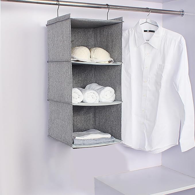 Hanging Closet Organizer, Easy Mount Collapsible 3-Shelf Camper Closet Wardrobe Hanging Storage Shelves, Folded Clothes Towels Handbag Shoes Accessories Storage, Linen Cloth, Gray