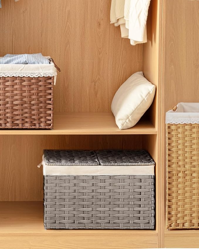 Storage Basket with Lid Rattan, Woven Storage Baskets with 2 Separate Lids, 17.2 Gallon (65 L), 22.2 x 13 x 13.8 Inches, Foldable, 2 Removable Liner Bags Handles for Bedroom, Laundry Room Gray