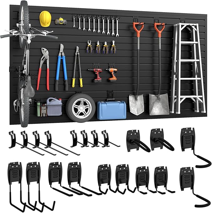 DoCred Slatwall Paneling Organizer, 4x7.5 FT PVC Garage Slat Wall Storage Systems, Heavy Duty Mounted Slat Peg Board for Tool Organization Ladder Bike Includes 20 PCS Hooks Accessories Kit (Black)