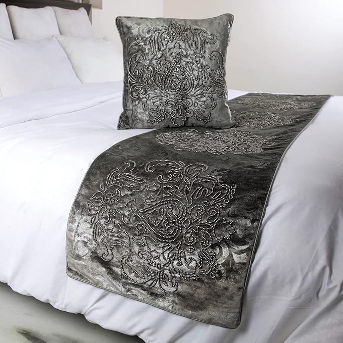 The HomeCentric Decorative Designer Handmade Bed Runner without Pillow Cover, 86 x 18 Inch Damask Designer CA King Size Bed Scarf in Foil Velvet and Embroidery Bed Linen Foot Warmer Home - Foil Damask