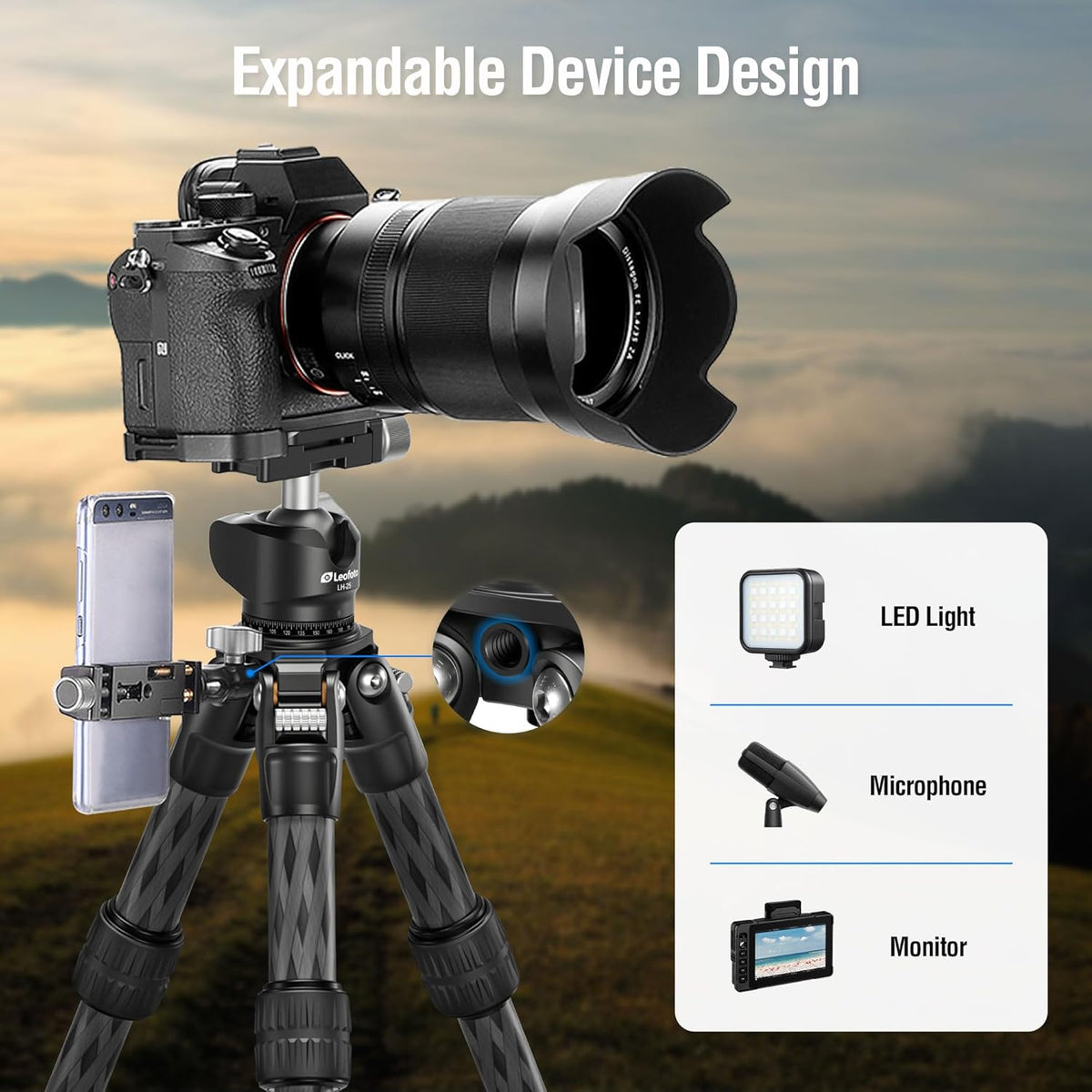 Travel Camera Carbon Fiber Mini Table Tripod, 14.5" Lightweight Desktop Tripod for DSLR Camera Video Camcorder Webcam, Max Load 22lb（LS-223CX）