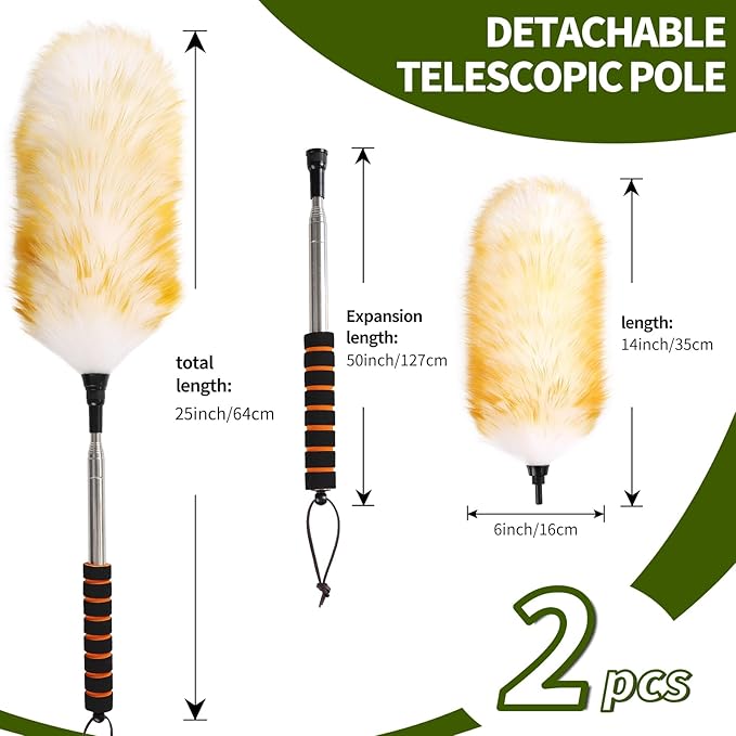 Extendable Lambswool Duster 25-64" Retractable Telescopic Handle Removable Head Multi-Surface Cleaning Tool for Ceiling Fans, Windows, High Walls, and Hard-to-Reach Areas (2pcs)
