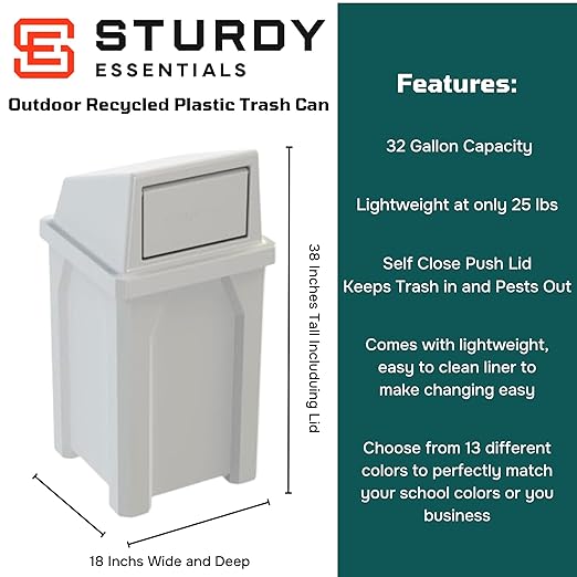32 Gallon Square 100% Recycled Plastic Heavy Duty Outdoor Trash Can with Push Lid - Great for Schools and Businesses - White