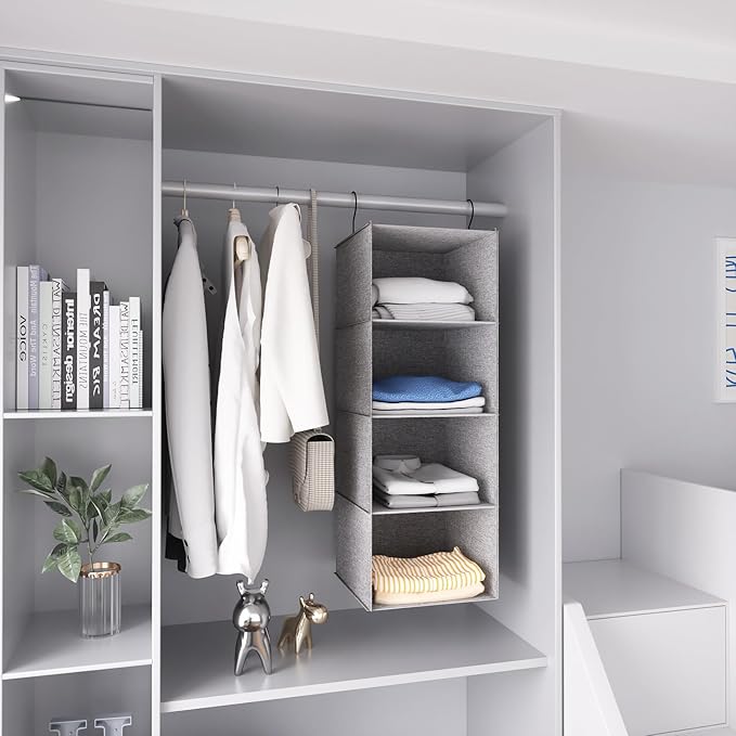 Hanging Closet Organizer, Easy Mount Collapsible 4-Shelf Camper Closet Wardrobe Hanging Storage Shelves, Folded Clothes Towels Handbag Shoes Accessories Storage, Linen Cloth, Gray