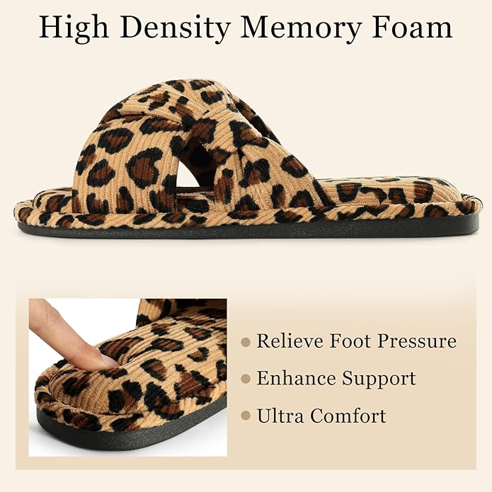 Evshine Summer House Slippers for Women Corduroy Cross Bow Indoor Slippers Open Toe Slip On Bedroom Shoes with Memory Foam