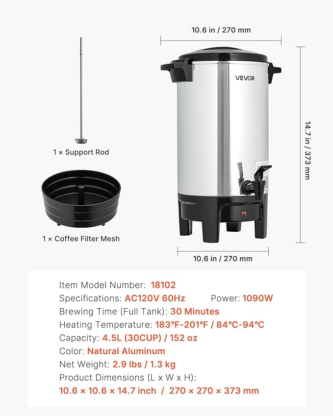 VEVOR Commercial Coffee Urn, 30 Cup 4.5 L Hot Beverage Dispenser with Dripless Faucet, Quick-Brewing Commercial Coffee Maker, Automatic Temperature Control, for Catering, Party, Church & Restaurant