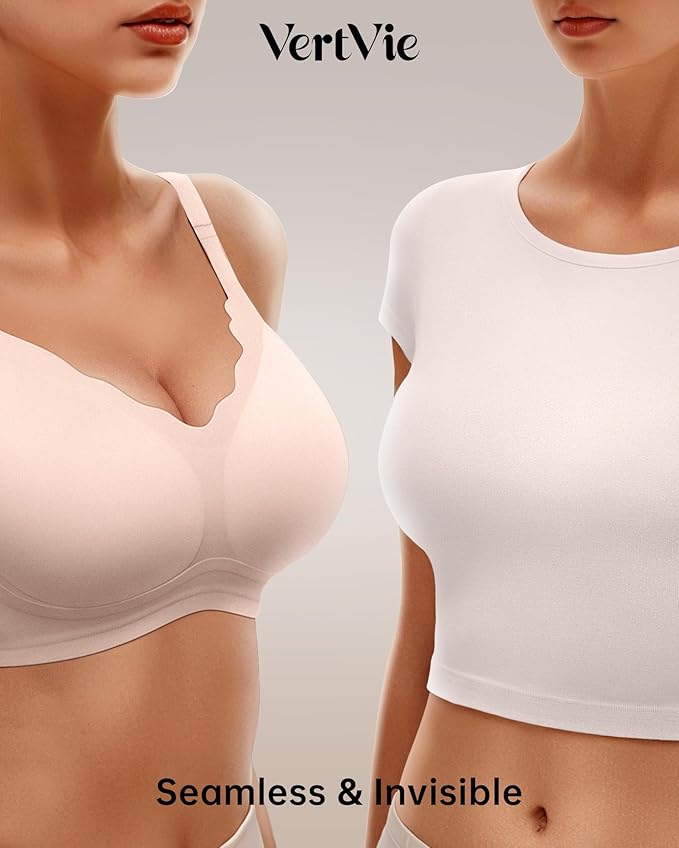 Vertvie Womens Seamless Bras No Underwire Supportive Wireless Push Up Full Coverage Bralette Comfort Scalloped T-Shirt Bra