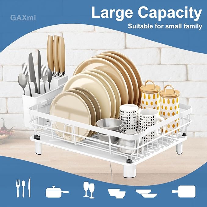 GAXmi Dish Drying Rack Over The Sink Dish Drainer with Drainboard Utensil Holder, 1-Tier White