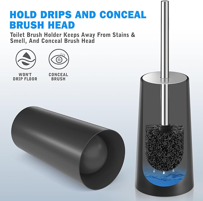 Toilet Brush and Holder, 2 Pack Toilet Brush with 304 Stainless Steel Long Handle, Toilet Bowl Brush for Bathroom Toilet-Ergonomic, Elegant,Durable (Black)