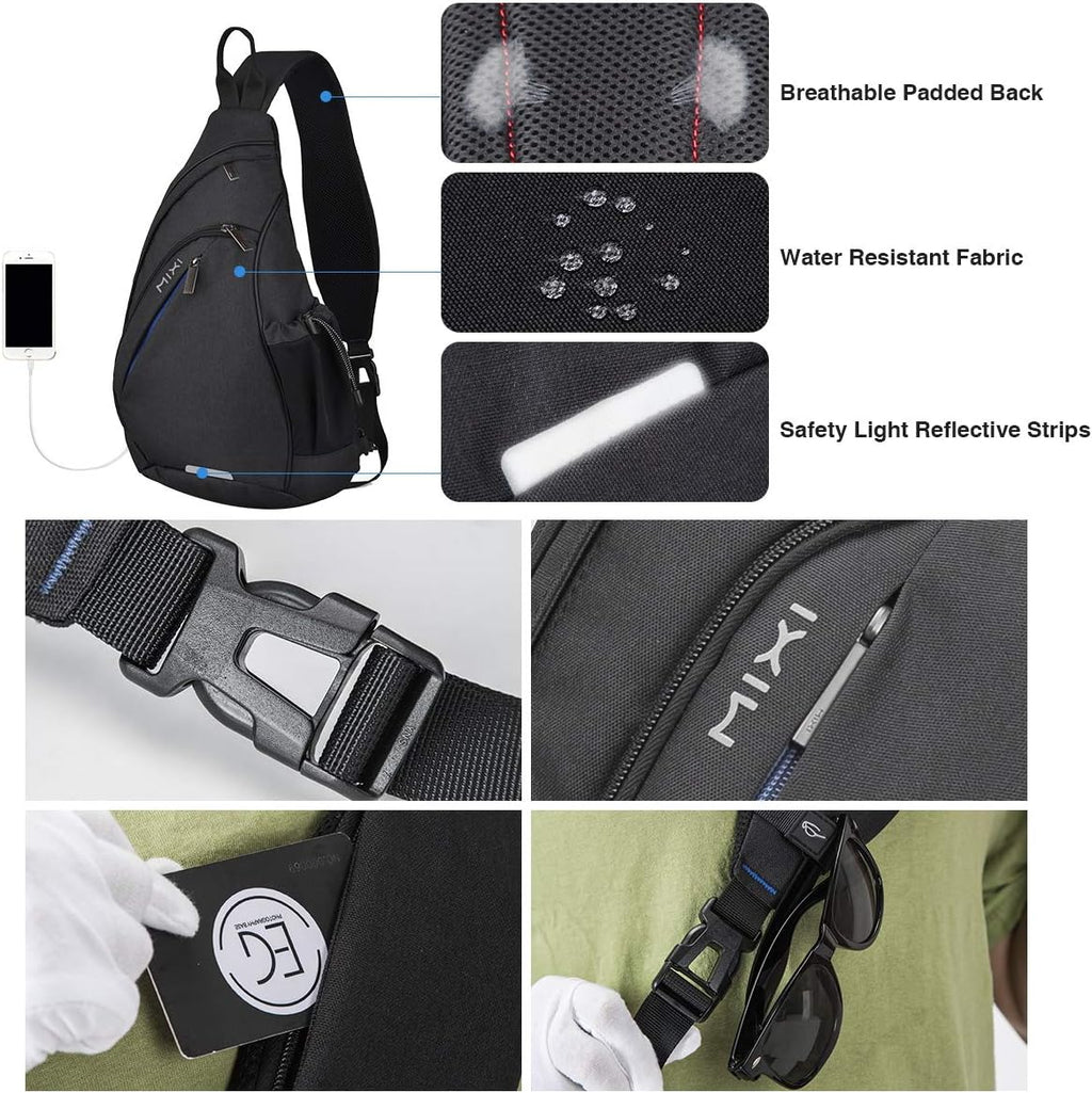 mixi Sling Bag Men Backpack Unisex One Shoulder Bag Hiking Travel Backpack Crossbody with USB Port for Men Women Versatile Casual Daypack-20 inch,Black
