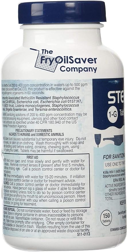 1 Bottle Steramine Sanitizer Tablets w/15x QT-10 Test Strips - Multi Purpose Steramine Sanitizing Tablets for Food Contact Surface, Kitchen, Restaurant, Food Service by FryOilSaver (150 Count)