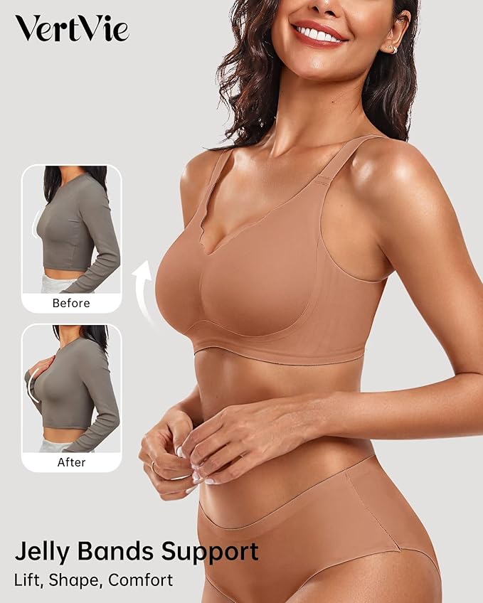 Vertvie Womens Seamless Bras No Underwire Supportive Wireless Push Up Full Coverage Bralette Comfort Scalloped T-Shirt Bra