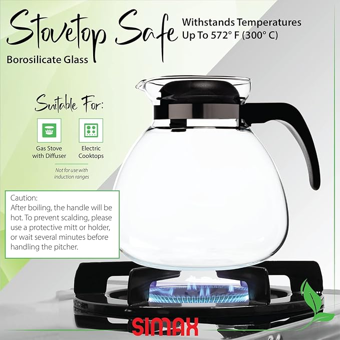 Simax Glassware 2.5 Quart Glass Teapot | Short Spout, Stay Cool Plastic Handle and Lid, Stovetop and Dishwasher Safe, Heat, Cold, and Thermal Shock Resistant Borosilicate Glass