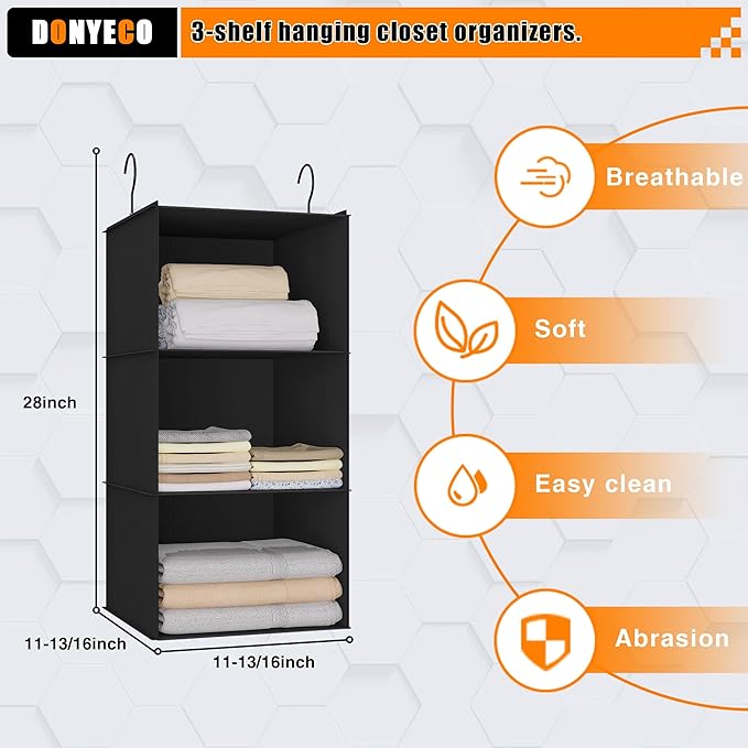 Hanging Closet Organizer - 3-Shelf, Easy Mount Foldable Wardrobe Storage Shelves for Clothes, Handbags, Shoes & Accessories - Washable Oxford Cloth Fabric, Black