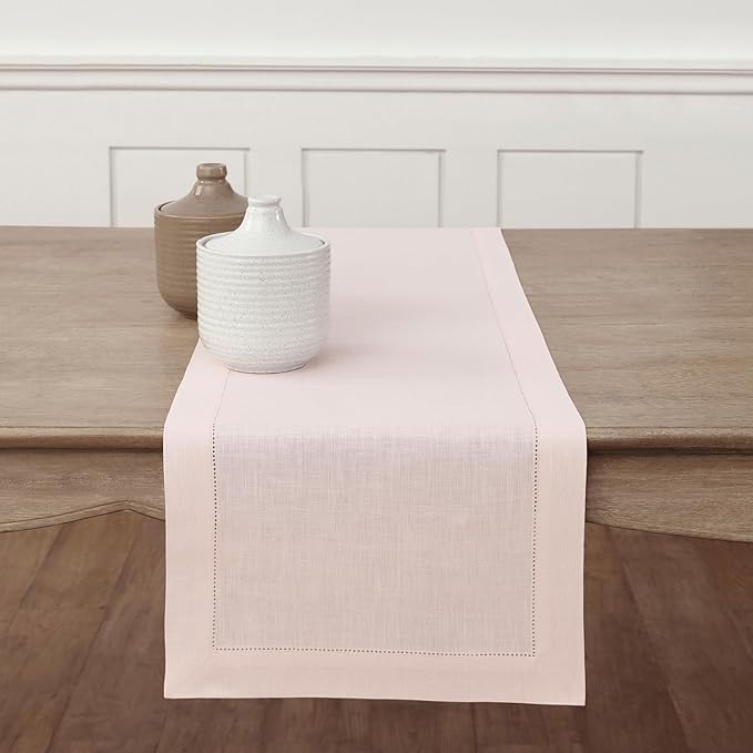 Solino Home Linen Pink Table Runner 72 Inches Long - 100% Pure Linen Hemstitch Table Runner 14 x 72 Inch for Dresser, Dining, Christmas - Classic Hemstitch