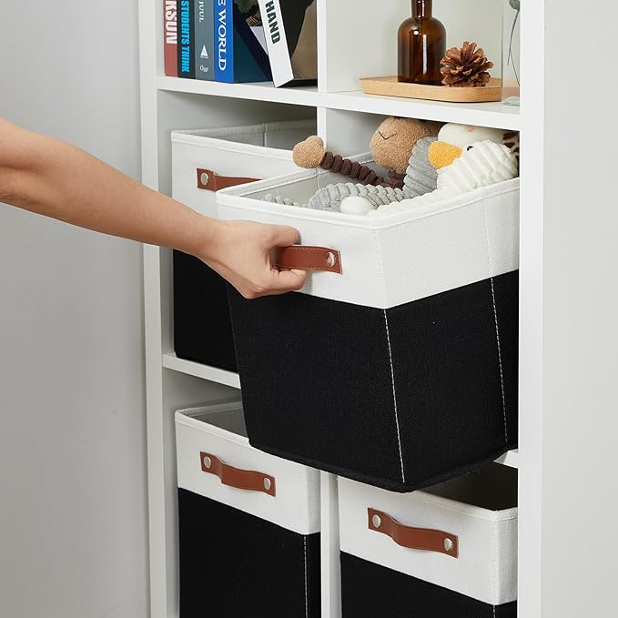 DULLEMELO Storage Cubes 11 inch,Cube Storage Bins with Handles for Organizing,Fabric Storage Baskets for Shelves Nursery Closet Home Organization (White&Black-4 Pack)