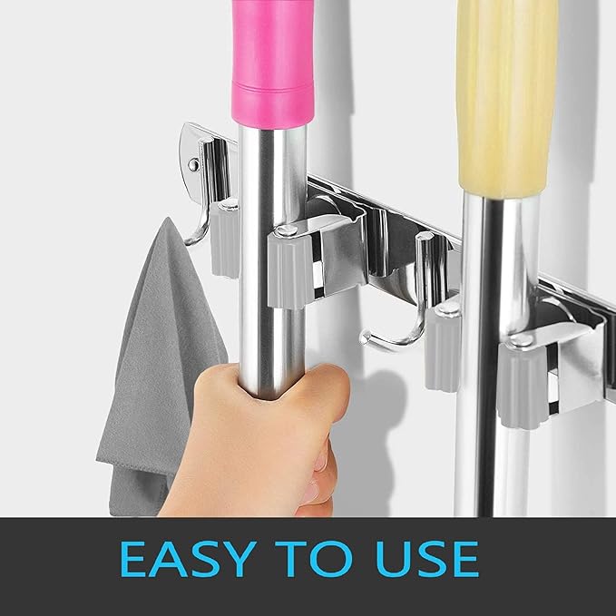 Broom and Mop Holder Wall Mounted, Broom Hanger Storage Rack, Stainless Steel Mop Hanger, Dustpan Holders with 2 Racks and 3 Hooks, Heavy Duty utility hooks for hanging brooms and mops
