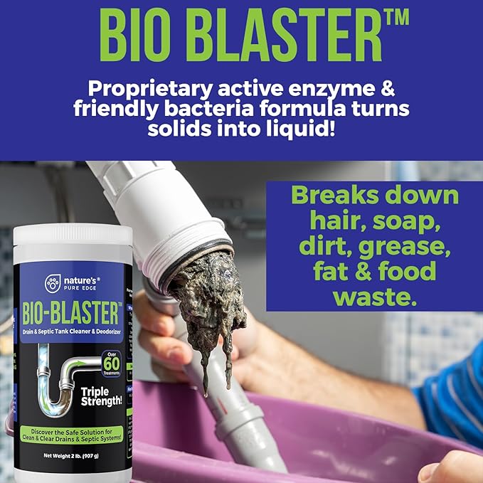 Enzyme Drain and Septic Cleaner and Friendly Bacteria Booster. Extra Large 2 lb. Deodorizes and Unclogs Pipes - Septic Tanks - RV Tanks-and More. No Caustic Chemicals! Dissolves Fats, Oil, and Grease.
