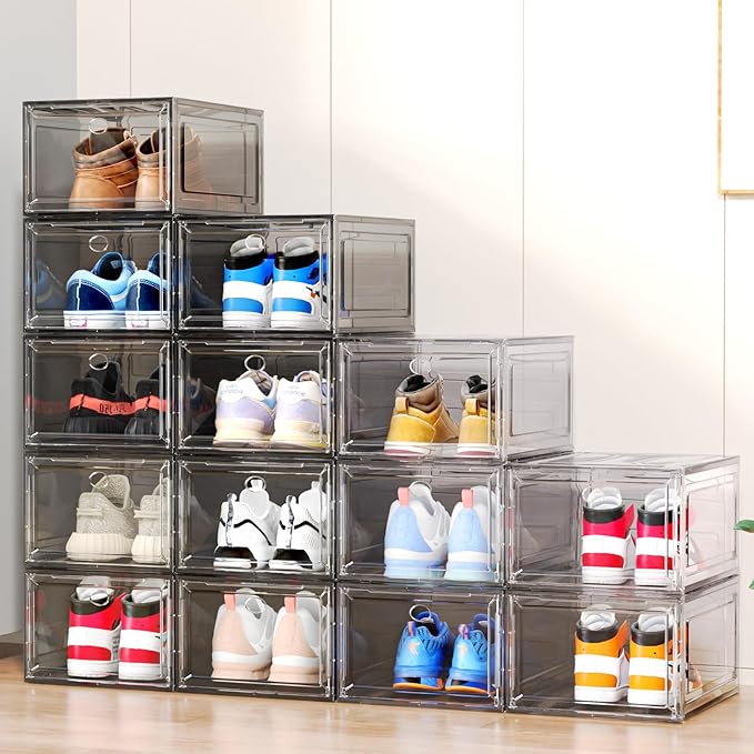 Upgrade Harder Solid Plastic Shoe Organizer with Magnetic Front Door, 12 Pack Shoe Boxes Clear Stackable, Sneaker Storage for Closet, Shoe Display Case, Black