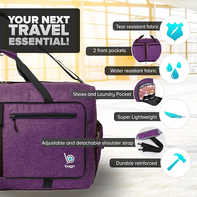 Bago Large Foldable Duffel Bags for Traveling Women & Men - 120L Packable Duffle Bag for Travel with Shoe Compartment - Water Repellant, Heavy Duty, Lightweight Folding & Collapsible (SnowDepPurple)