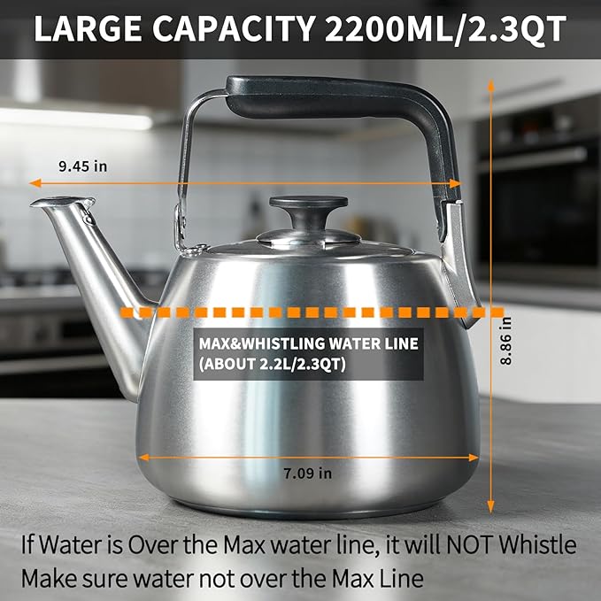 Tea Kettle, Whistling Stovetop Tea Kettle, Large Capacity Teapot Suits for All Heat Source, Professional Fast Heat Technique Teapot with Thick Body and Bottom, Durable and Sturdy Tea Pot