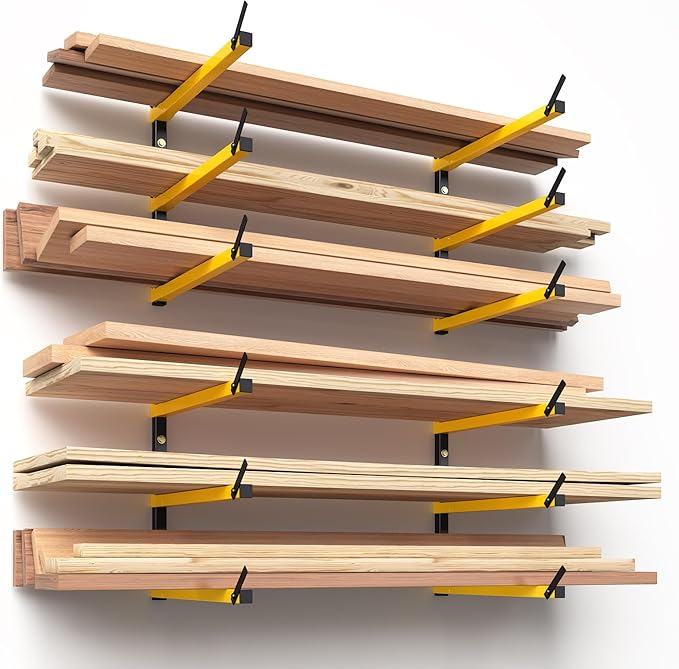 GREENER Lumber Storage Rack Folding Wood Storage Racks Wall-Mounted Metal Racks for Storage with 3-Level Heavy Duty Garage Wood Organizer for Woodworking Shop Indoor & Outdoor Use, 4 pairs,Yellow