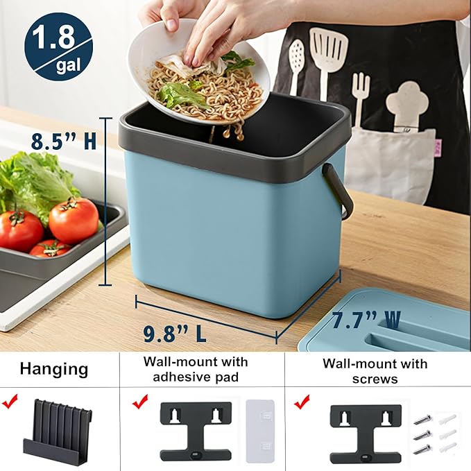 Compost Bin Kitchen, LALASTAR 7L Wall-Mounted Under Sink Small Garbage Can for Kitchen, Odor-Free Food Waste Basket Bin, 1.8 Gallons, Blue